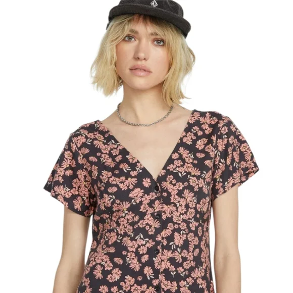 NEW Volcom Crunk Punk Dress SPN Size M Floral Black Pink Color Women's Vacation - Picture 4 of 14